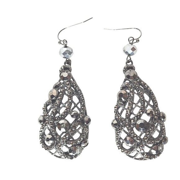 Vintage Filigree Silver Tone Teardrop Dangle Drop Earrings - Picture 1 of 2